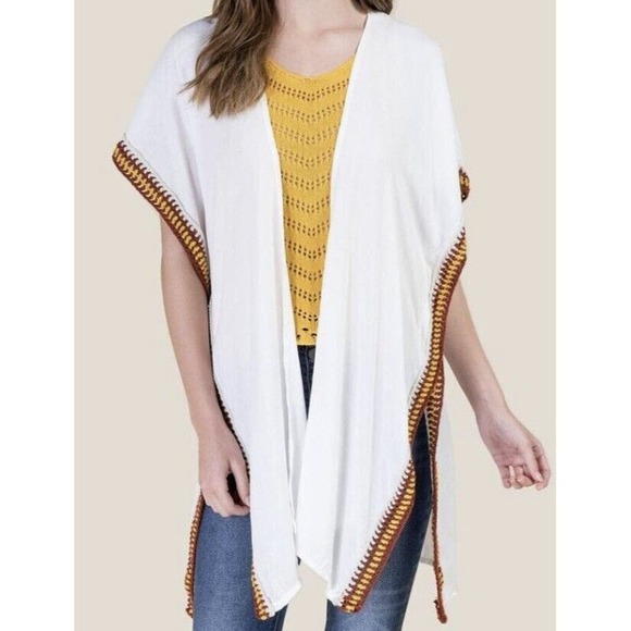 Francesca's Jillian OS Kimono Cover Up Creme with Yellow Red Crochet Edging - Picture 1 of 7